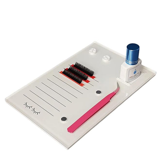 Acrylic Eyelash Grafting Pallet, Lash Tile holder, Bigger Size Glue Cups Eyelash Extensions Storage Gasket Pads with Magnetic Suction for 2 Tweezers (White-7.87x5.12in)