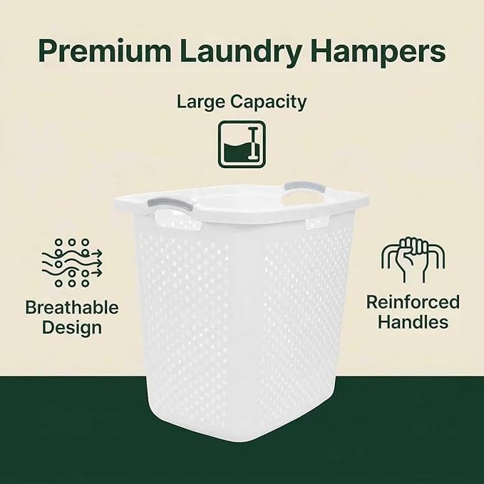 2 Pack 2.5 Bushels Plastic Laundry Baskets, Equipped with Reinforced Comfortable Handles, With Breathable Design, Suitable for Sorting Clothes, Suitable for Use in Households, Dormitories, Apartments.