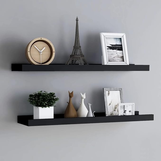 Picture Frame Ledge Shelves 2 Pack Black Wall Mounted Display Shelves for Photo Frames Decorations 31.5 inch MDF Board with Front Edge Protection
