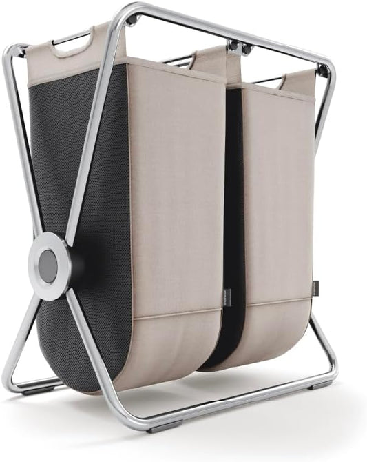 simplehuman double x-frame laundry hamper, 100% recycled polyester removable laundry baskets with easy carry handles, heavy-gauge steel frame, chrome, 50L + 50L