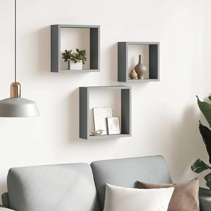 Wall Cube Shelves Set of 3, Floating Square Decorative Shelving Units for Bedroom, Living Room, and Office, Modern MDF Display Organizer, Gray