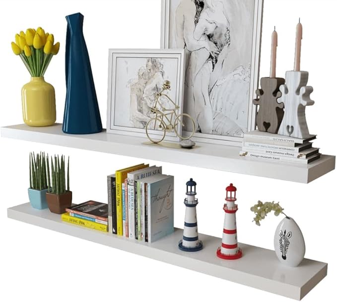 Set of 2 Floating Wall Shelves 47.2 Inch Long, Modern White MDF Wall Mounted Storage Shelves for Living Room, Bedroom, and Office Organization, Decorative Display Ledge