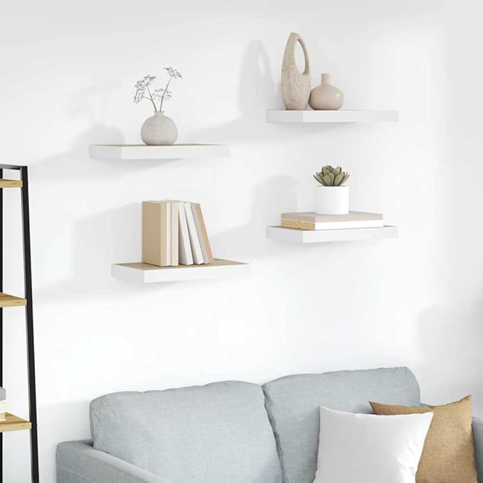 Floating Wall Shelves Set of 4, Modern Oak and White MDF 15.7x9.1 Inches, Invisible Mounting Display Shelves for Living Room, Bedroom, Bathroom, Easy Install for Books, Decor, Plants
