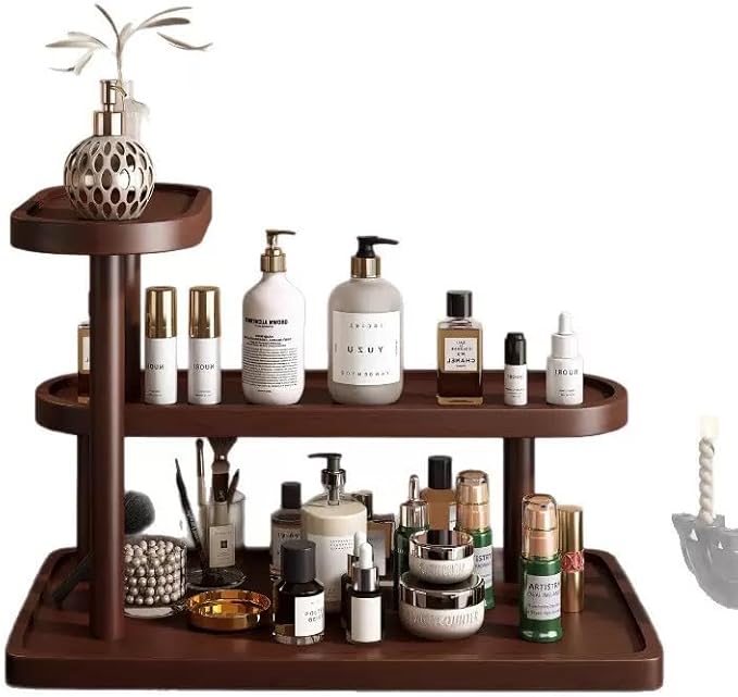 HealthEmpire 3-Tier Cosmetic Organizer Shelf for Countertop – Wooden Makeup & Skincare Storage Rack, Bathroom Vanity Display Stand for Perfume, Toiletries & Office Desk Organization (Brown)