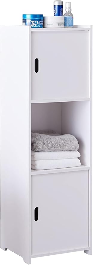 KB Designs - White Bathroom Floor Storage Cabinet, Open Shelve with Doors
