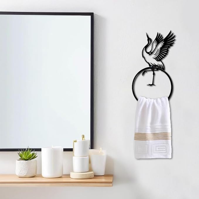 MAYJOYDIY Red-Crowned Crane Metal Towel Ring Round Animal Hand Towel Holder Ring Hanger Wall Mount Black Vintage Towels Wall Organizer for Kitchen Bath Home Laundry Room Decors Gifts