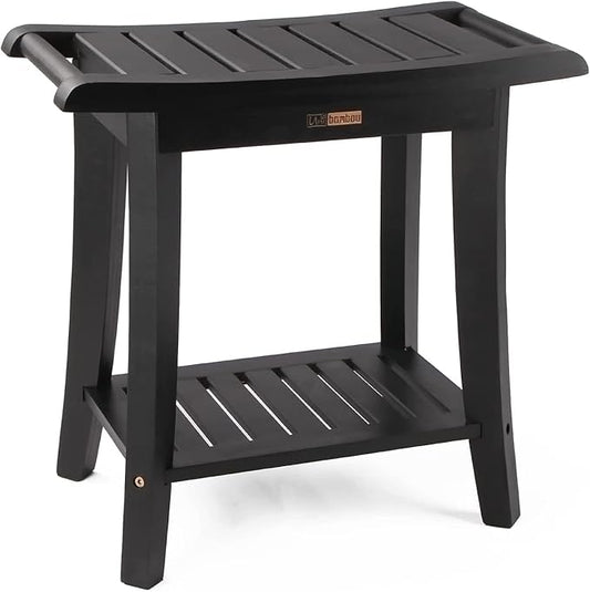 Bamboo Shower Bench Inside Shower Stool with Storage Shelf, Spa Bath Chair for Bathroom, Seat or Organizer for Living Room, Bedroom and Garden - Great for All Ages Unisex Elderly, Black