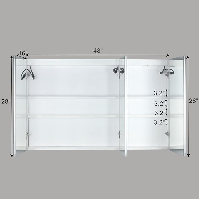 Karl home 48x28 Inch 3 Doors Bathroom Medicine Cabinet with LED Mirror, 3 Color Wall Mounted Dimmable Bathroom Cabinet with 3-Tier Storage Shelves, Anti-Fog, USB Charge, White