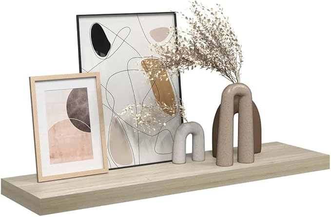 Floating Wall Shelf for Living Room, Invisible Mount Oak Wood Display Shelf 35.4 Inches, Modern Honeycomb MDF and Metal Frame for Books, Decor, Awards, Easy Installation Holds 22 lbs
