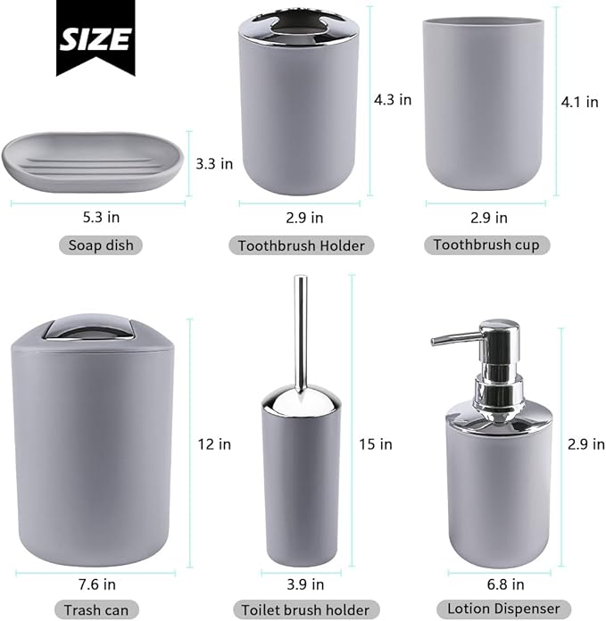Papillon Bathroom Accessories - 6 Piece Plastic Gift Toothbrush Holder,Toothbrush Cup,Soap Dispenser & Dish,Toilet Brush Holder,Trash Can,Tumbler Straw Set (Gray)