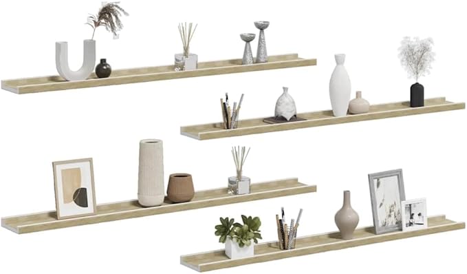Set of 4 Floating Wall Shelves, Modern White and Sonoma Oak Display Ledges for Living Room Bedroom, 39.4 Inch Long Rectangular Decorative Storage Shelves