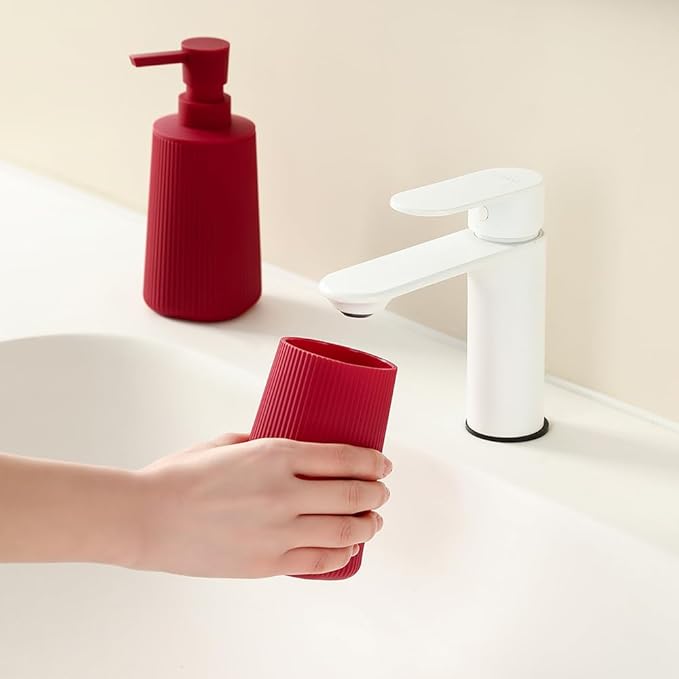 YAUKPH Bathroom Accessories Set 2 Piece Soap Dispenser and Toothbrush Holder for Bathroom Countertop Striped Red