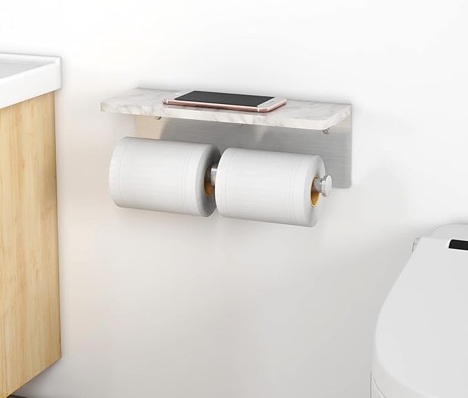 Brushed Nickel Toilet Paper Holder with Shelf, New Upgrade Double Toilet Paper Holder with Storage, Marble Roll Toilet Paper Wall Mount for Bathroom Washroom