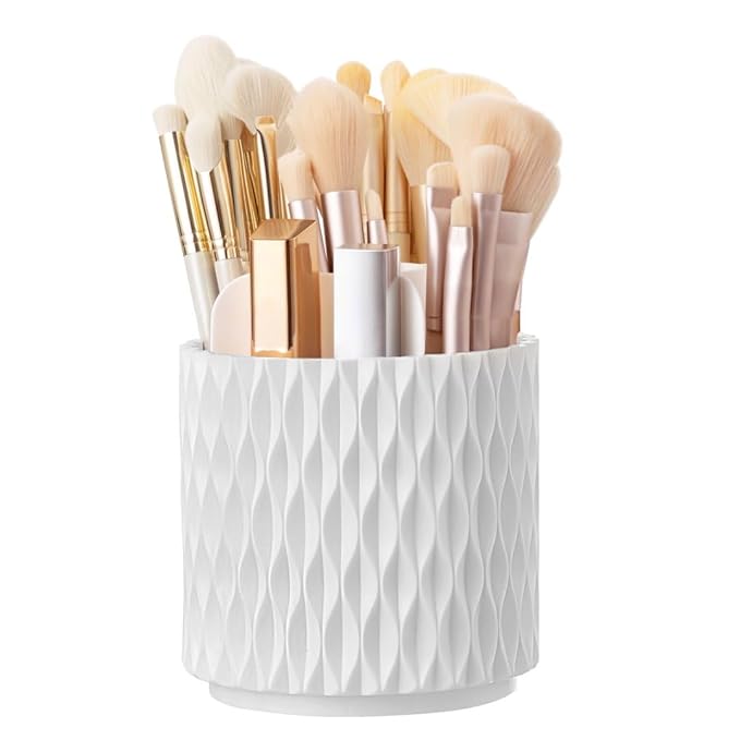 HBlife Makeup Brush Holder 360 Rotating Makeup Brush Organizer with Cover Cosmetic Organizer Dustproof Makeup Brushes Container Spinning Brush Holder for Vanity and Bathroom, Ripple