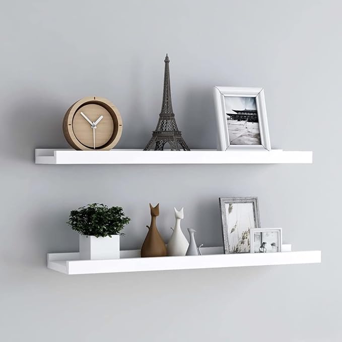 Picture Frame Ledge Shelves 2 Pack White 31.5 inch Wall Mounted Display Shelves for Photo Frames and Decorations, MDF Floating Shelf with Front Edge Protection