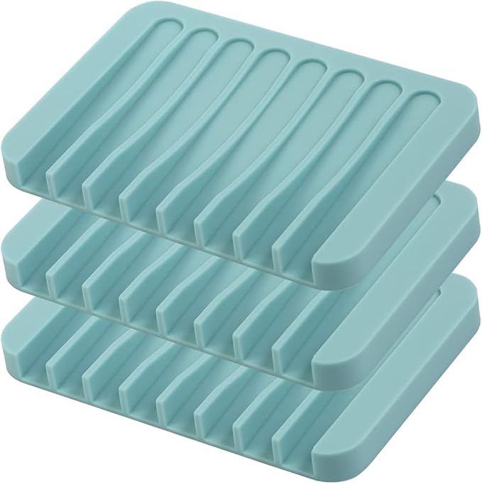 3PCS Self Draining Soap Holder, Premium Silicone Soap Dish, Soap Saver for Shower, Bathroom, Kitchen, Bath Tub, Sponges, Keep Soaps Bars Dry Clean, Easy Clean, Extend Soaps Life (Blue)