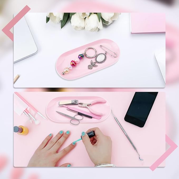 CRASPIRE 2Pcs Pink Nail Trays Manicure Storage Tray 7" x 3.3" Plastic Nails Art Tools Organizer Display Jewelry Rhinestone Small Plate Dishes for Manicures Decoration Makeup Cosmetics Accessories