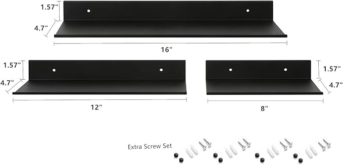 Z metnal Bathroom Shelf, Small Floating Wall Shelves, Decorative Ledge Shelf, Aluminum, Wall Mounted, Matt Black, 16/12/8 inch, 3 Packs