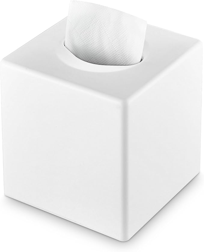 Y-in Hand Tissue Box Cover, Square Facial Tissue Holder Storage for Bathroom Vanity, Countertops, Dressers, Night Stand, Parlors and Offices - White
