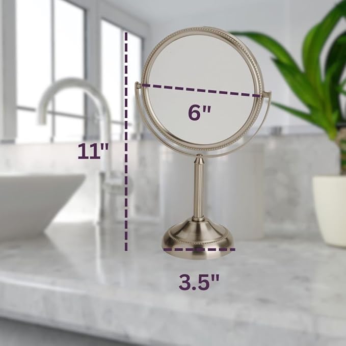 JERDON Two-Sided Tabletop Makeup Mirror - Makeup Mirror with 10X Magnification & Swivel Design - Portable 6-Inch Diameter Mirror in Nickel Finish - Model JP910NB