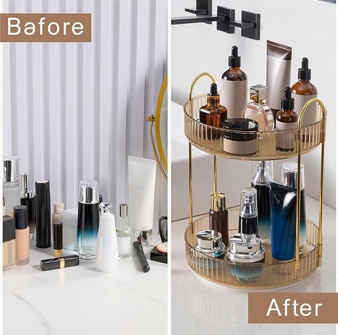 INVSSENE 360 Rotating Makeup Organizer, Yellow, Unisex, 2 Tier Countertop Storage, Large Capacity, Cosmetics, Perfume, Skincare, Lipsticks