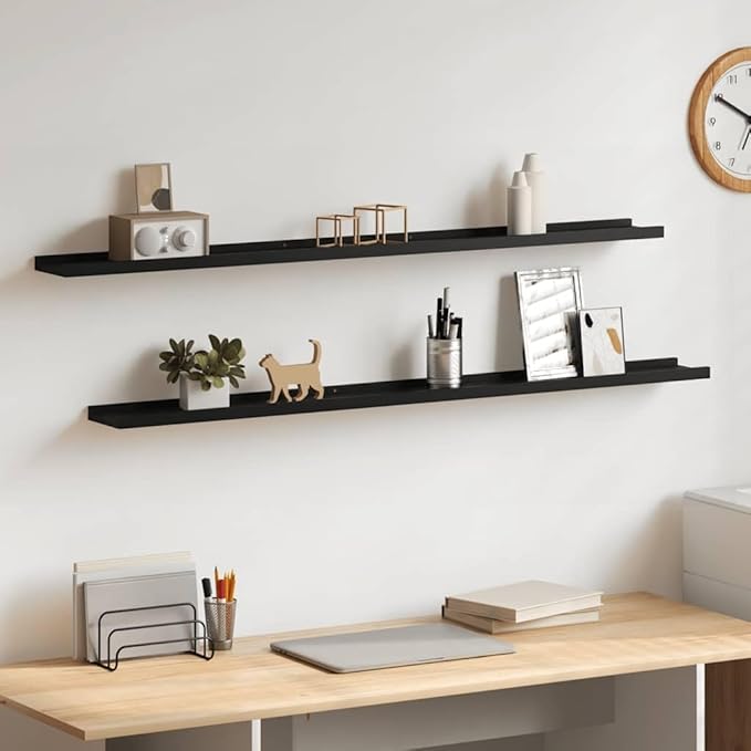 Set of 2 Floating Wall Shelves, 45.3 Inch Modern Black MDF Shelf for Living Room Bedroom, Sleek Minimalist Display Storage Ledge