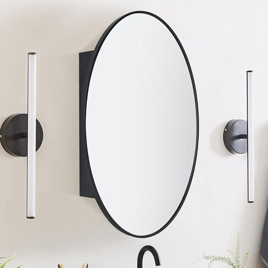 Surface Mount Black Oval Bathroom Medicine Cabinet with Mirror Metal Framed Oval Bathroom Storage Cabinet, 20x30''