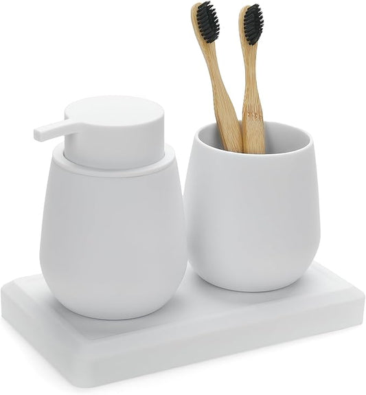 Bathroom Accessories Set, Modern 3 Pcs Bathroom Essentials - Soap Dispenser, Toothbrush Holder & Tray, Countertop Vanity Organizer (White)