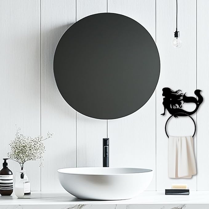MAYJOYDIY Mermaid Metal Towel Ring Mermaid Sea Hand Towel Holder Round Ocean Theme Towel Hangers Black Bathroom Towel Rack Wall Mounted for Kitchen Bath Home Laundry Room Decors Gifts