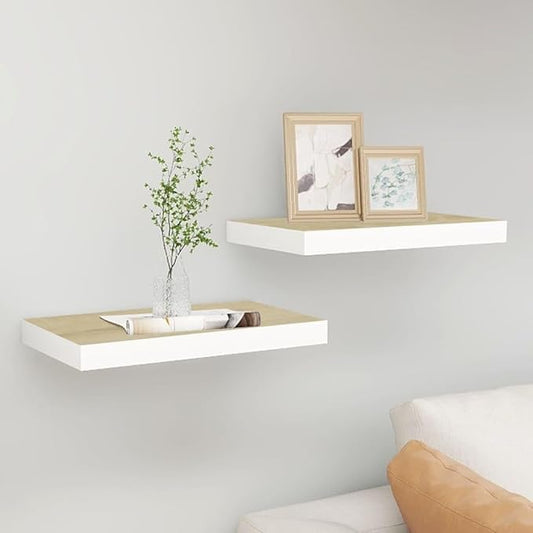 Floating Wall Shelves 2 Pack Oak White 19.7x9.1x1.5 Invisible Mounting Modern Display Racks for Living Room Bedroom Office Decor Storage