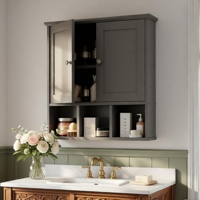 DL-win Bathroom Wall Cabinet, Bathroom Cabinet Wall Mount Organizer Shelf for Toiletries, Towels & Essentials – Waterproof MDF, Space-Saving Bathroom Storage, Grey
