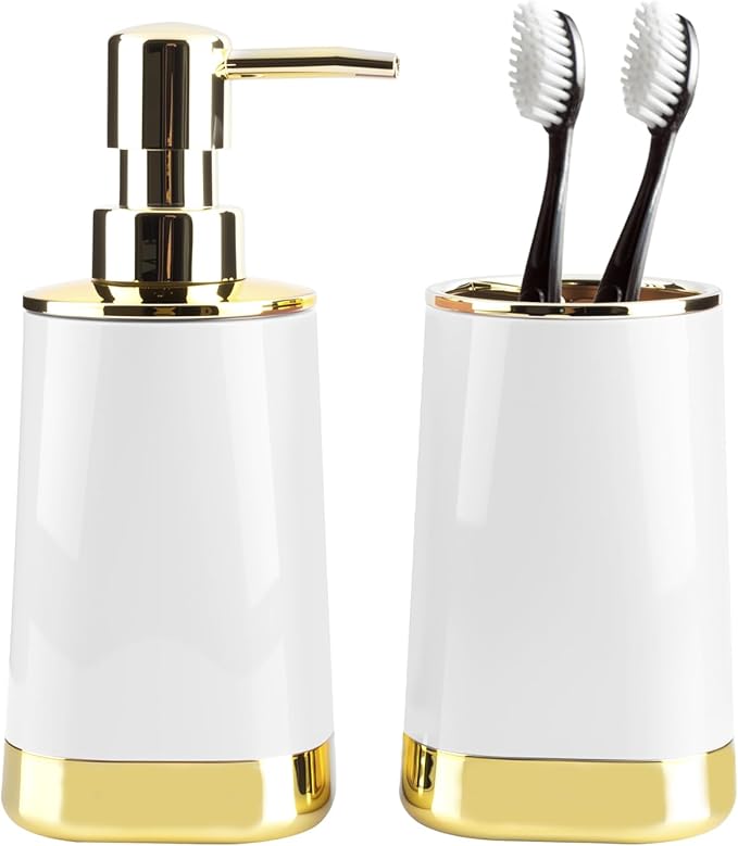Bathroom Accessories Set, 2Piece White and Gold Bathroom Accessories Include Soap Dispenser and Toothbrush Holder for Modern Bathroom Decor