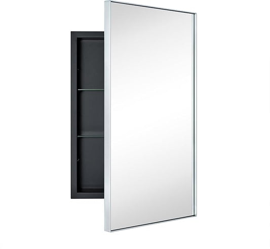 TEHOME Recessed Mount 16x26'' Squared Rectangle Silver Bathroom Medicine Cabinet with Mirror Silver Metal Framed Rectanglular Medicine Cabinet 2 Adjustable Glass Shelves