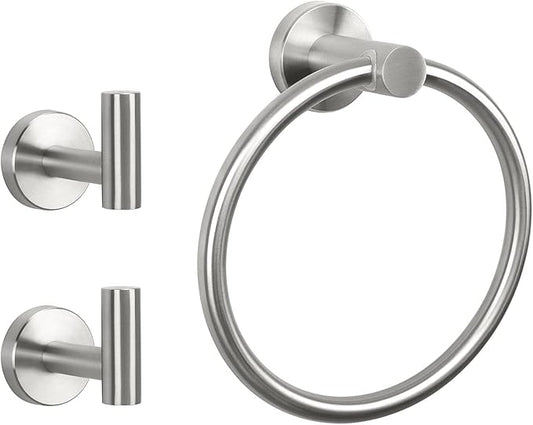 NearMoon 3 Pieces Bathroom Hardware Set, Bath Towel Ring and 2 Towel Hooks- Stainless Steel Hand Towel Hanger and Robe Hooks Accessories, Wall Mounted (Brushed Nickel)