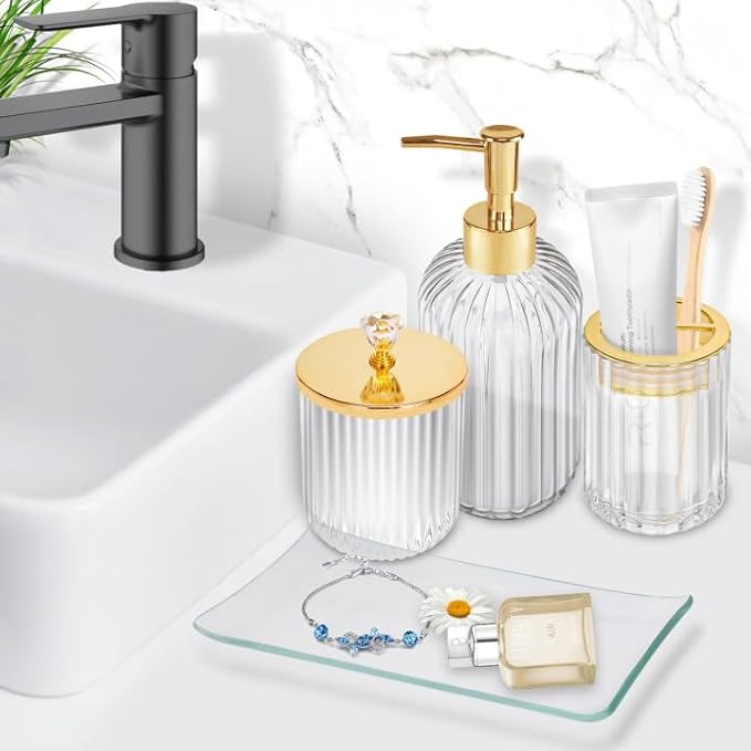 Gold Bathroom Accessories 4Pcs of Glass Bathroom Counter Organizer Set,Toothbrush Holders, Soap Dispenser, Apothecary Jar, Vanity Tray, Bathroom Decor Gifts