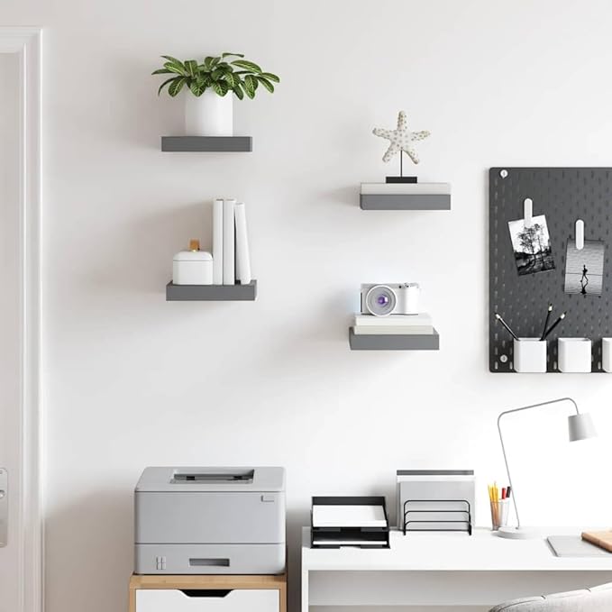 Floating Wall Shelves Set of 4, Modern High Gloss Gray Display for Living Room Bedroom, Invisible Mounting, 9.1x9.3x1.5 Inch MDF Shelves for Decor, Books, Collectibles, Easy Installation