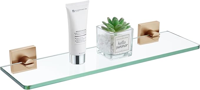 KOKOSIRI Glass Shelf for Bathroom Hardware 16-Inch Floating Wall Shelves for Shower Storage Kitchen Rack, Champagne Bronze Stainless Steel B1107CPG-L16