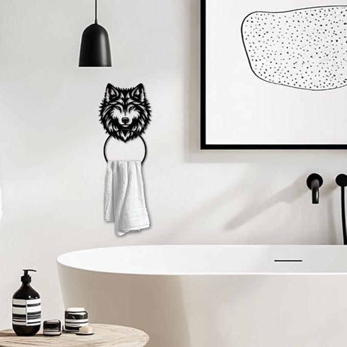 MAYJOYDIY Wolf Metal Towel Ring Animal Theme Bath Towel Ring Wolf Wildlife Towel Holder Wall Mounted Black Art Towel Rack for Bathroom Kitchen Towel Hanger Home Decors Gift