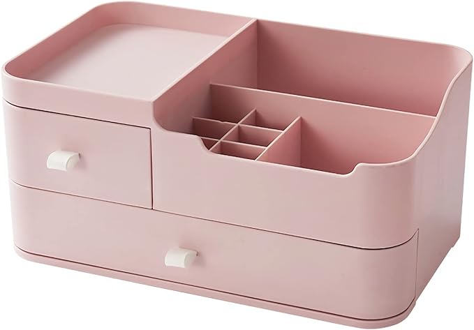 Makeup Desk Cosmetic Storage Box Organizer with Drawers for Brushes, Eyeshadow, Lotions, Lipstick and Nail Polish, Ideal for Dresser,Bathroom Vanity (Pink)