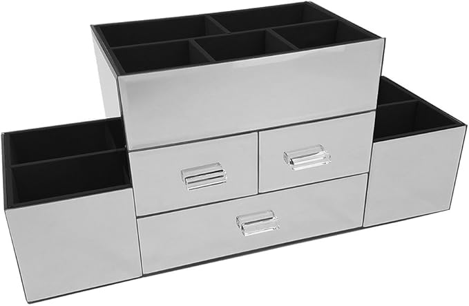 OnDisplay Amara 3 Drawer Tiered Mirrored Makeup/Jewelry Organizer - Glass Panel Organization Station for Cosmetics, Jewelry or Office/Desk Supplies
