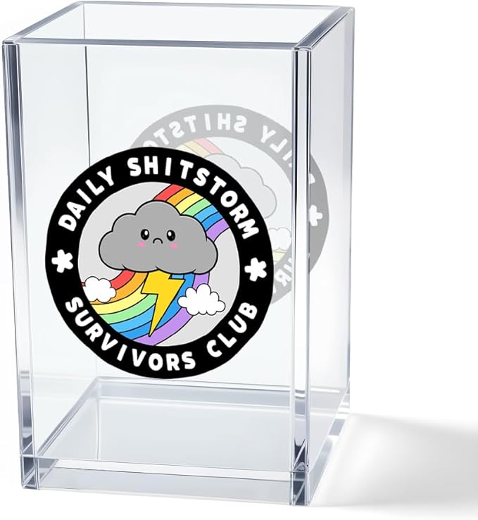 Daily Sh!tstorm Survivors Club Acrylic Cosmetic Pencil Pen Holder Cup, Funny Rainbow Storm Cloud Desk Organizer Accessory for Home Office Decor, Humor Sarcastic Work Gifts for Women Men Coworker