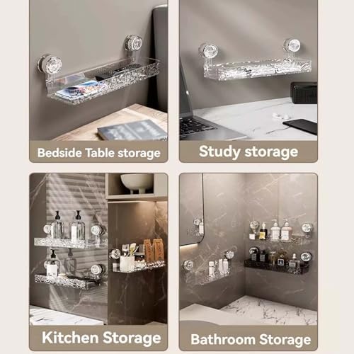 Wall-Mounted Suction Cup Bathroom Shelf Holder, No Drill Acrylic Storage Rack in Light Luxury Glacier Pattern with 4 Hooks - Clear Suction Cup Organizer for Easy Storage