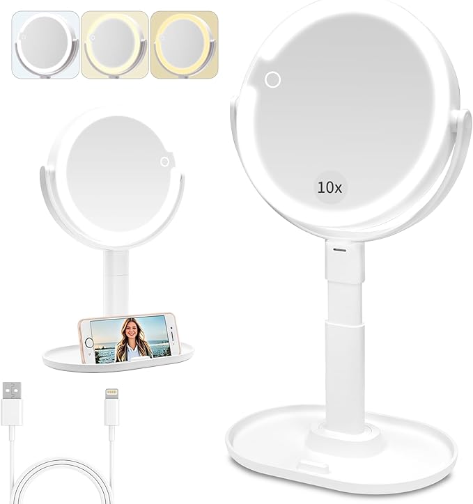 Makeup Mirror with Lights, Double Sided 1x/10x Magnifying Mirror，Rechargeable 3 Color Lights & Adjustable Brightness and Height LED Vanity Mirror, 360° Rotation Detachable Travel Make Up(White)