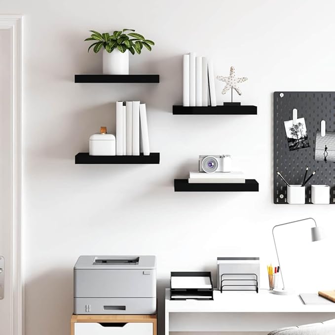 Floating Wall Shelves Set of 4, Modern Black Display Shelves with Invisible Mounting, 15.7x9.1 Inches, Honeycomb MDF for Living Room, Office, Bedroom Decor, Holds 11 lbs Each