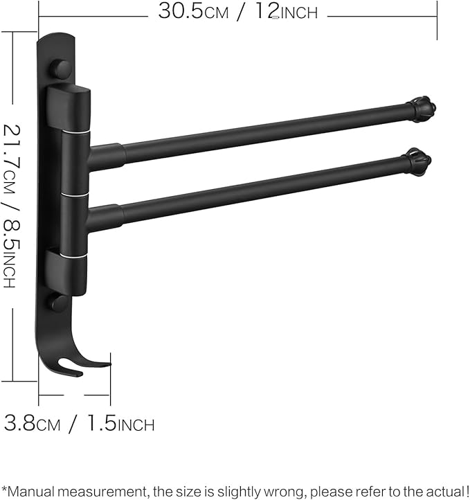 Black Rotating Towel Rack, Stainless Steel Adjustable, 12 * 1.5 * 8.5in, Suitable for Bathroom, Bedroom, Balcony, Removable Towel Bar