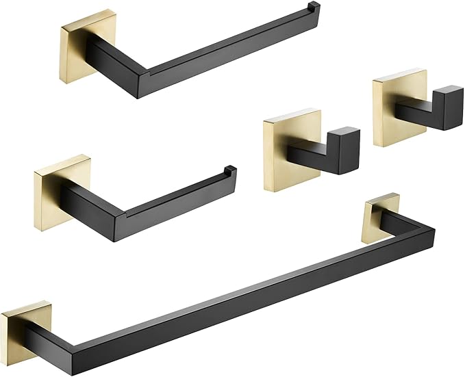 Bathroom Hardware Set 23.6-Inch Towel Bar,2pcs Towel Hook,Toilet Paper Holder,Hand Towel Holder Stainless Steel Black/Gold Bathroom Accessories GTS3190BBG
