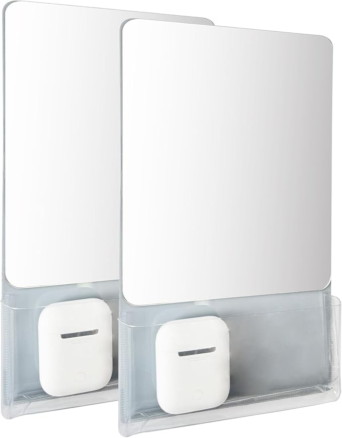 Magnetic Locker Mirror with Fully Magnetic Back, 9.45" x 5.51" Small Real Glass Super Clear Reflection Mirror with Storage Pocket for School Locker Refrigerator Office Cabinet -Grey, 2 Pcs