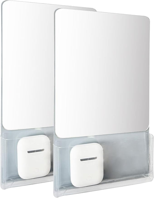 Magnetic Locker Mirror with Fully Magnetic Back, 9.45" x 5.51" Small Real Glass Super Clear Reflection Mirror with Storage Pocket for School Locker Refrigerator Office Cabinet -Grey, 2 Pcs