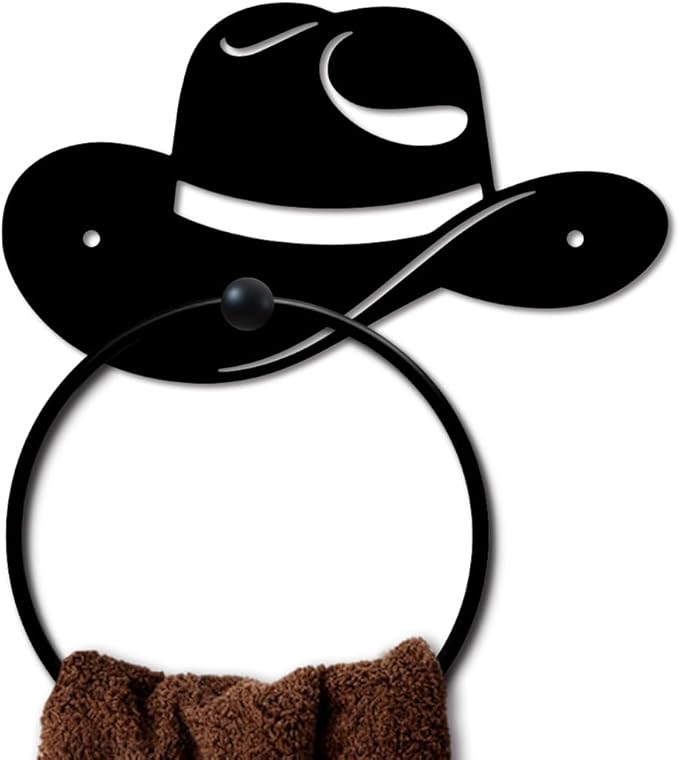 MAYJOYDIY Cowboy Hat Metal Towel Ring Round Hat Hand Towel Holder Ring Hanger Wall Mount Black Vintage Towels Wall Organizer for Kitchen Bath Home Laundry Room Decors Gifts
