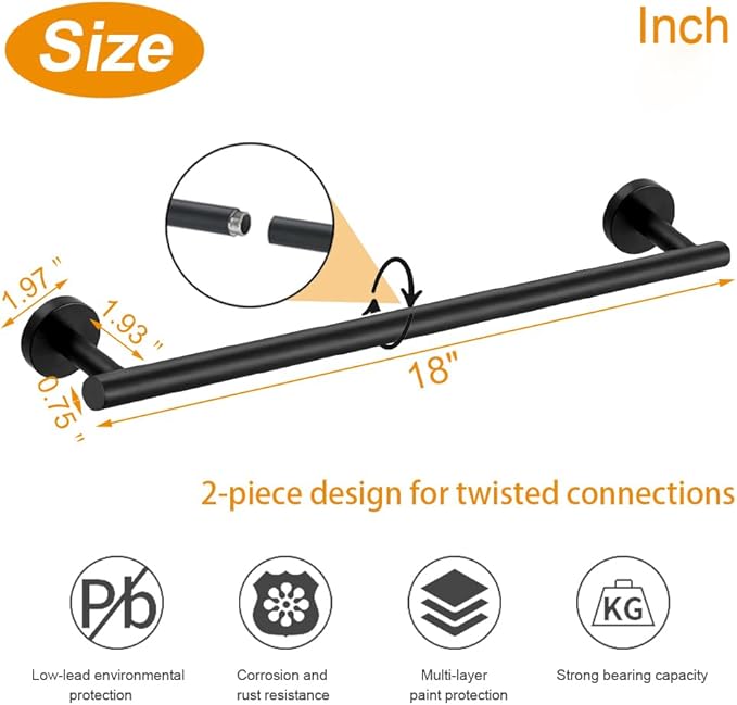 TocTen Bath Towel Bar - Thicken SUS304 Stainless Steel Bathroom Towel Holder, Towel Rod for Bathroom Heavy Duty Wall Mounted Towel Rack Hanger (18IN, Matte Black)